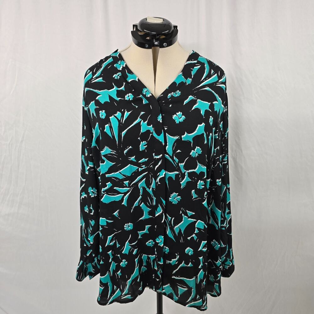 Apt. 9 Long Sleeve Button Down Blouse Women's 2X Turquoise Black Floral V-Neck